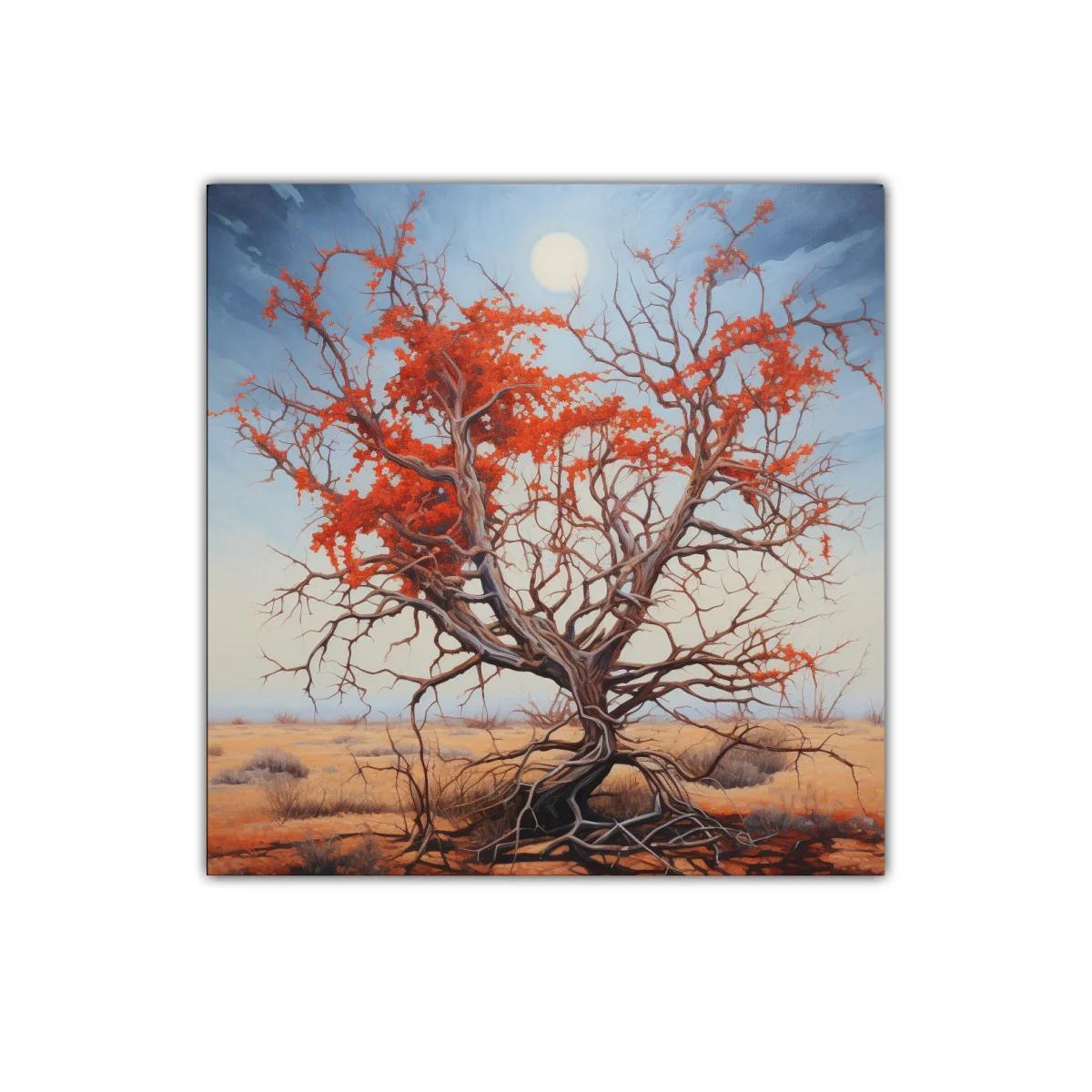 Árbol solitario con follaje rojo en paisaje desértico