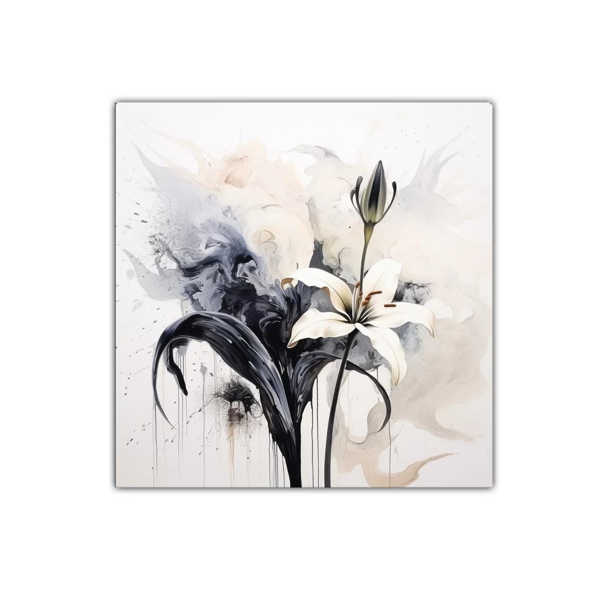 Cuadro floral elegante con lirio blanco y contraste en tonos neutros