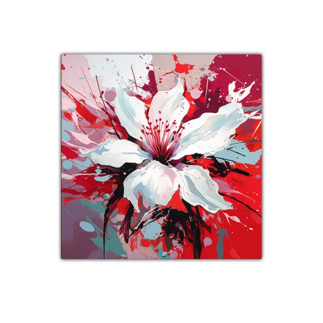 Explosión artística de flor blanca vibrante en tonos rojos