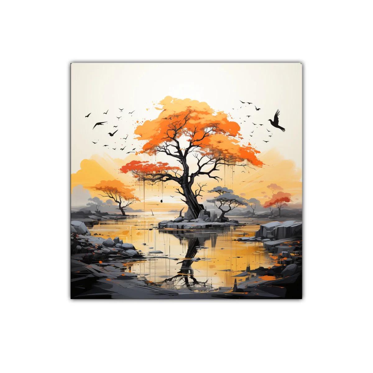 Árboles en atardecer naranja reflejados en agua tranquila — imagen principal