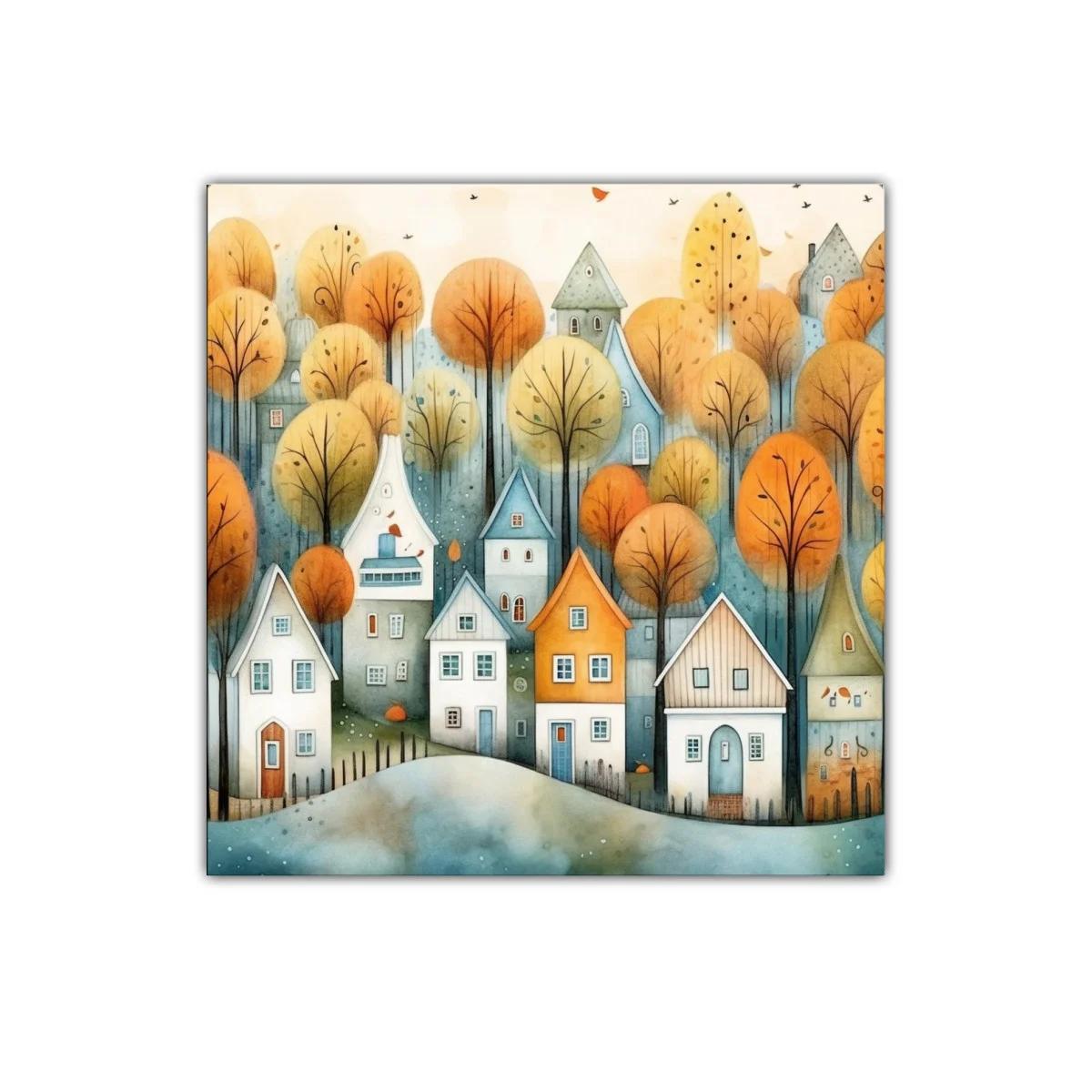 Paisaje encantador con casas y árboles en tonos otoñales — imagen principal