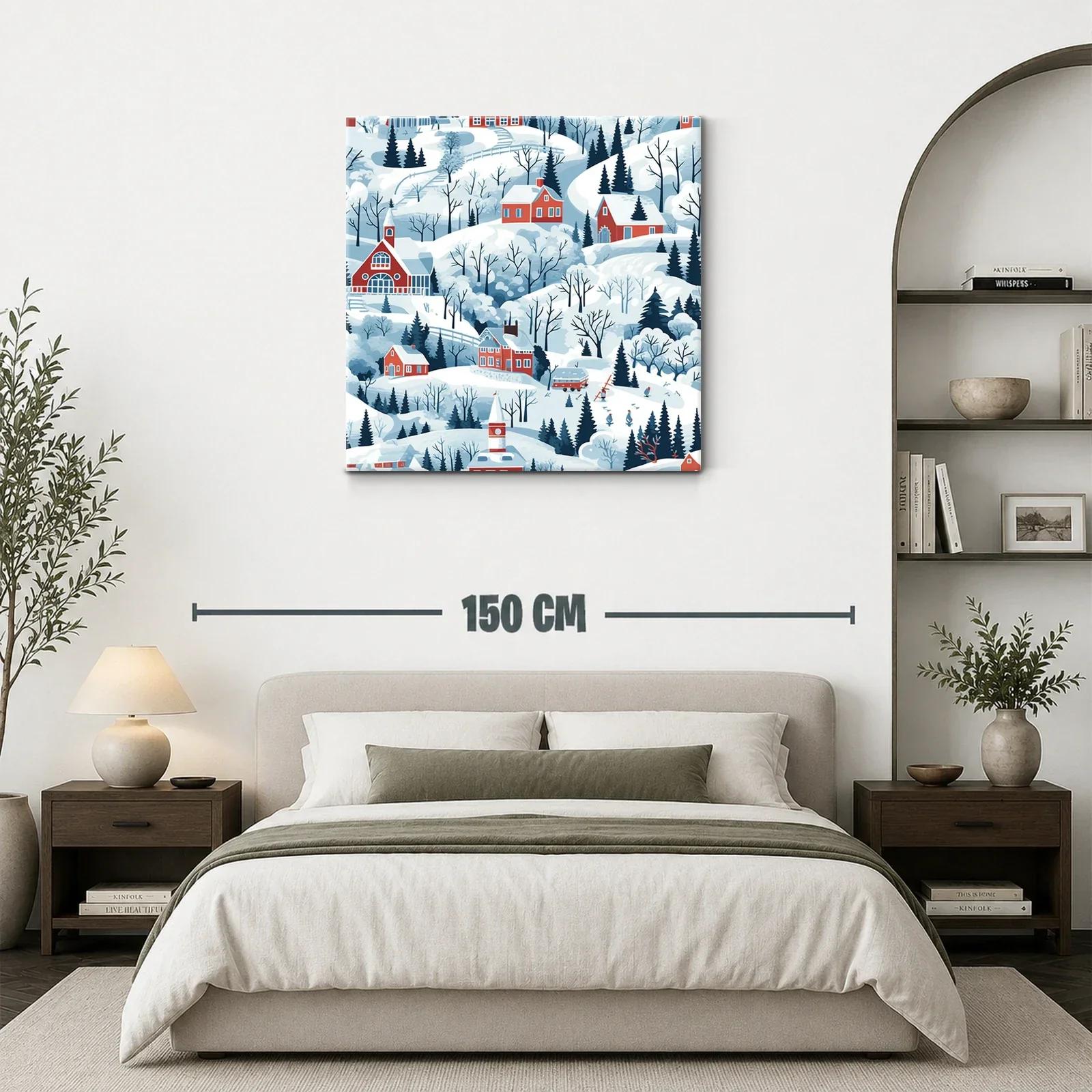 Paisaje invernal con casas rojas en colinas nevadas — miniatura 3
