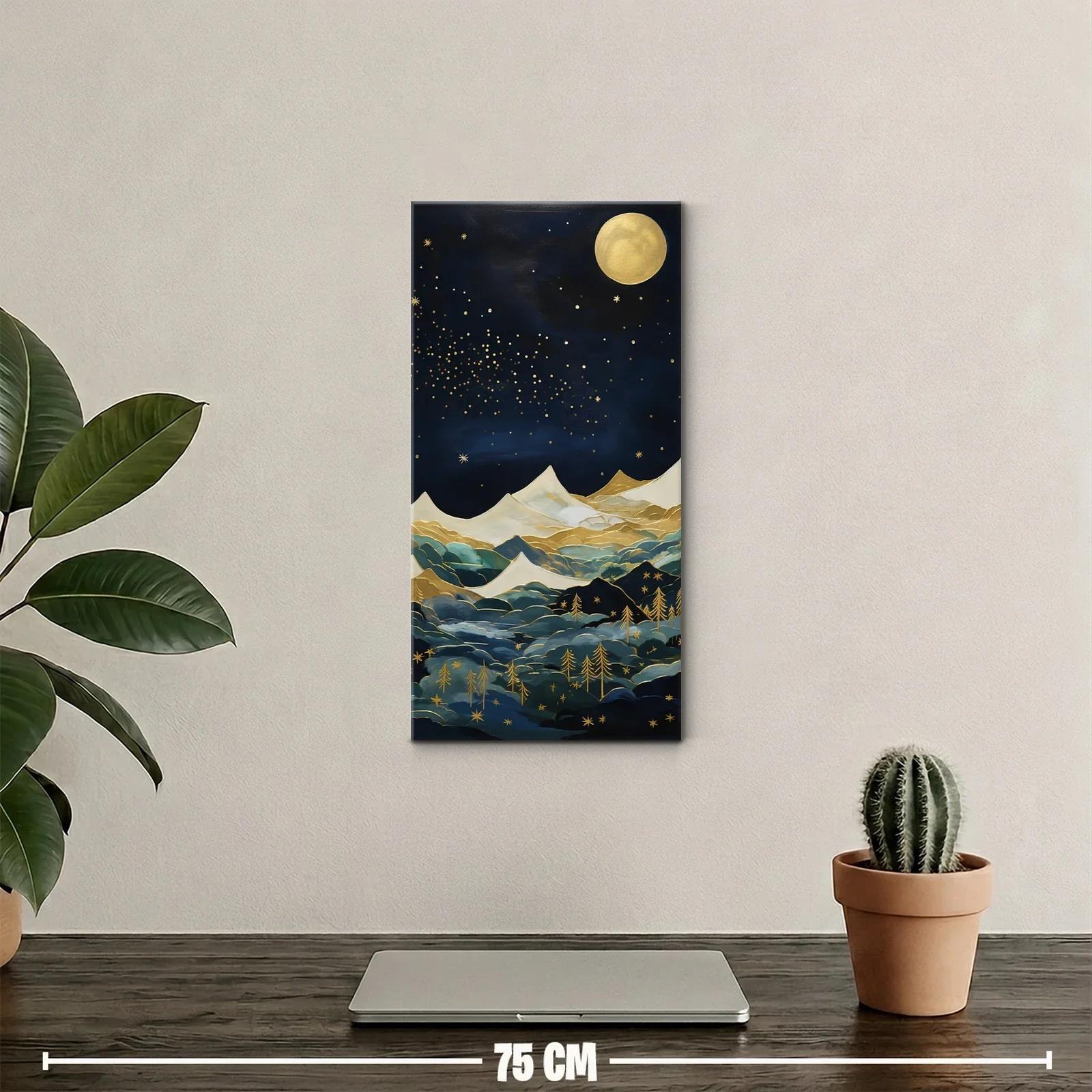 Cuadro paisaje montañoso nocturno con estrellas doradas — miniatura 2
