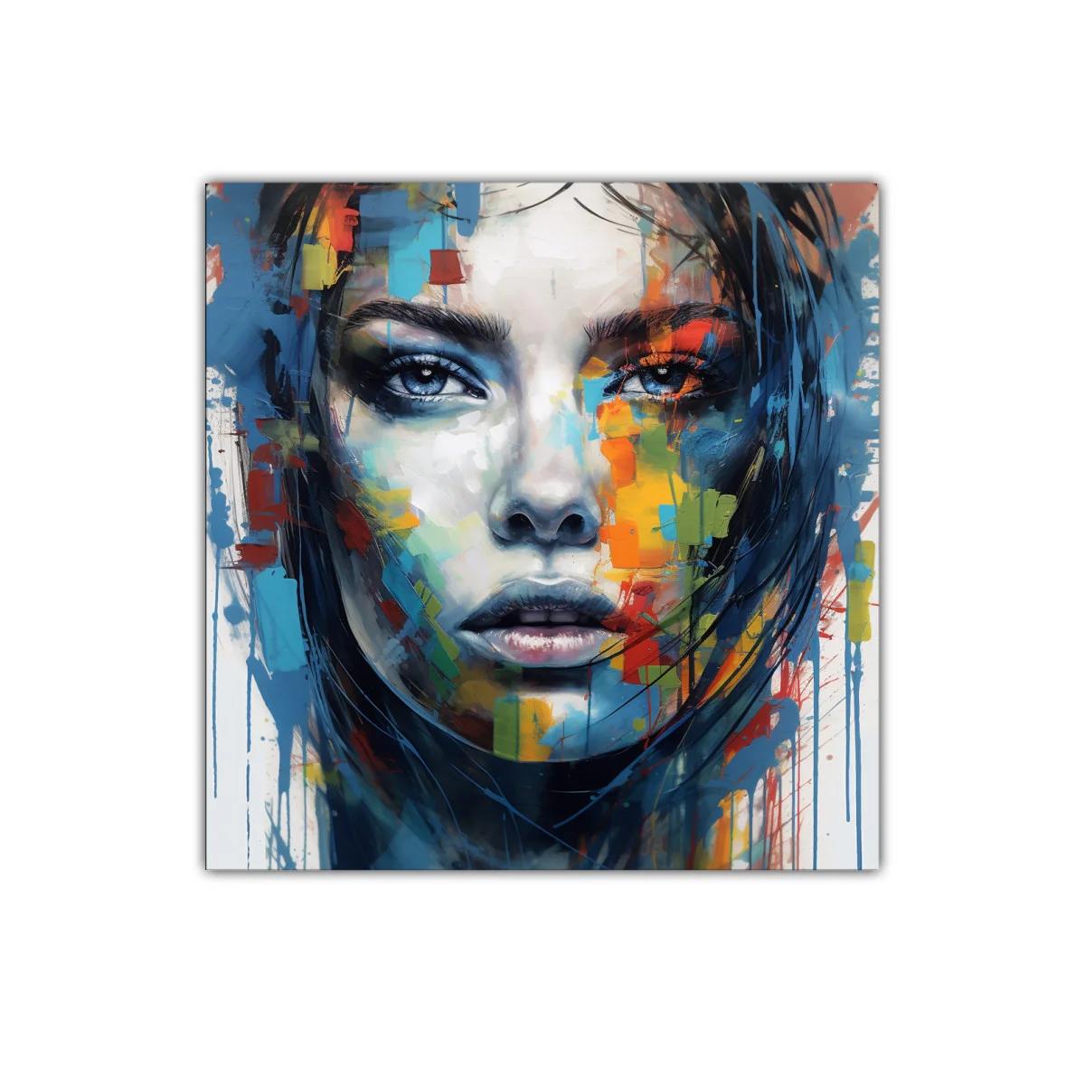 Rostro femenino vibrante con colores intensos y expresión profunda