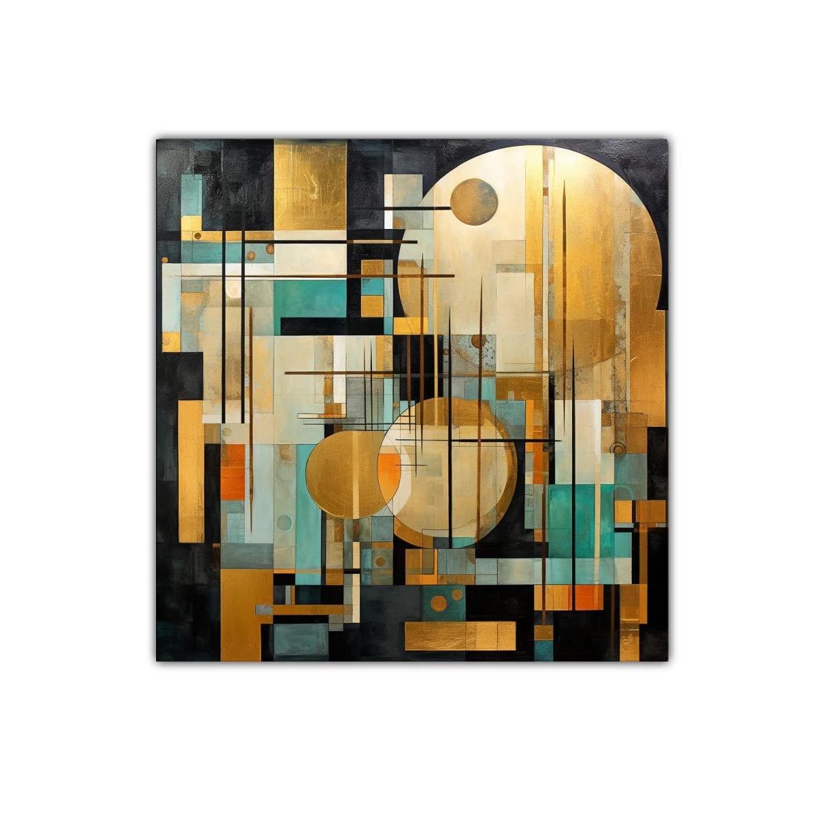 Composición geométrica con círculos dorados y tonos aqua