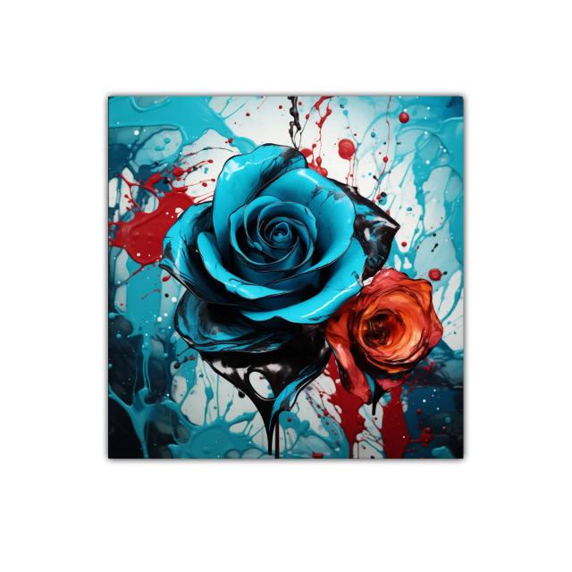 Rosas vibrantes en contraste de azul y rojo