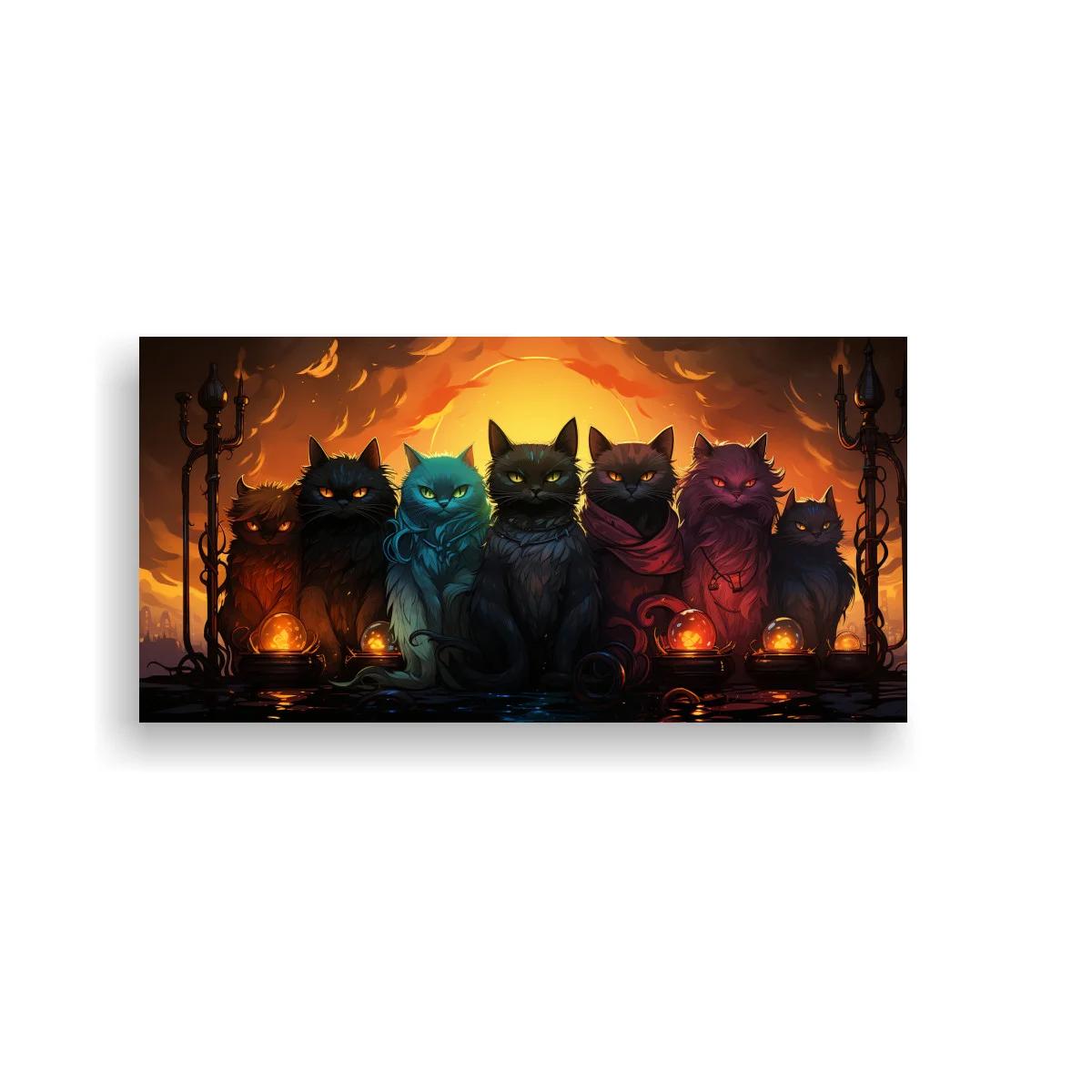 Cuadro grupo de gatos negros con candelabros altos