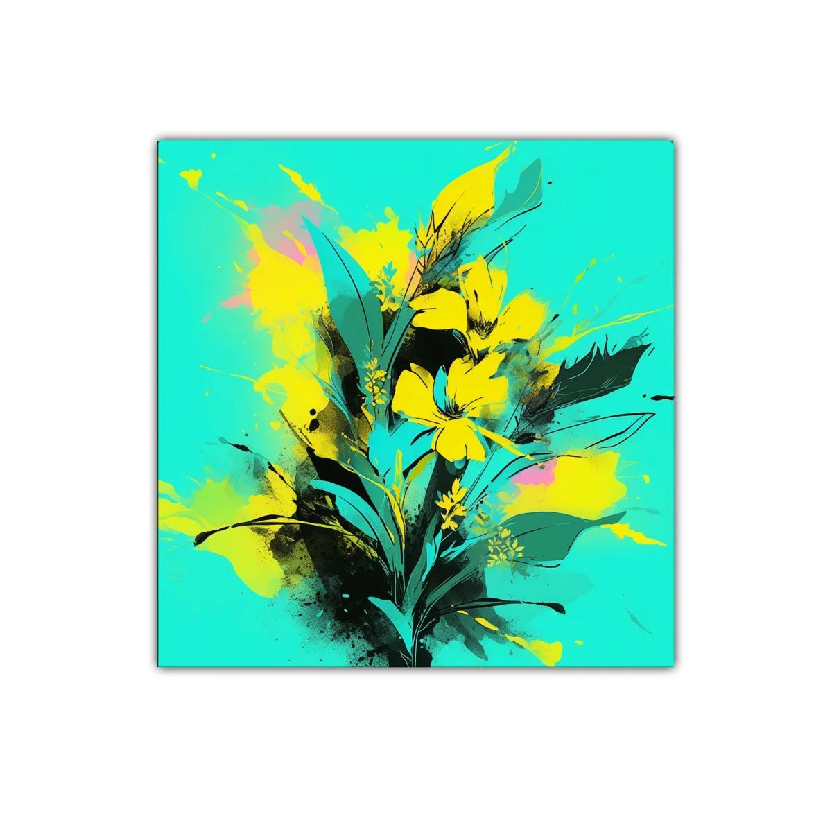 Cuadro moderno con flores amarillas vibrantes y fondo turquesa