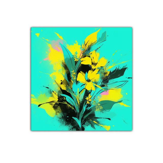 Cuadro moderno con flores amarillas vibrantes y fondo turquesa