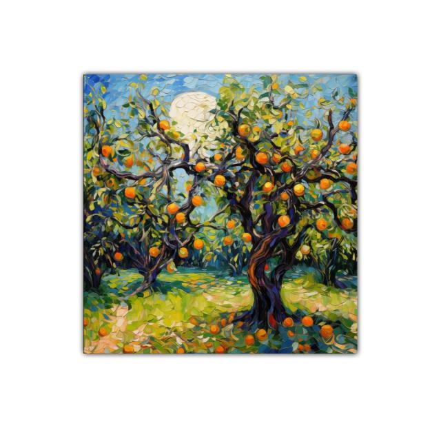 Cuadro vibrante con árboles frutales llenos de vida y color