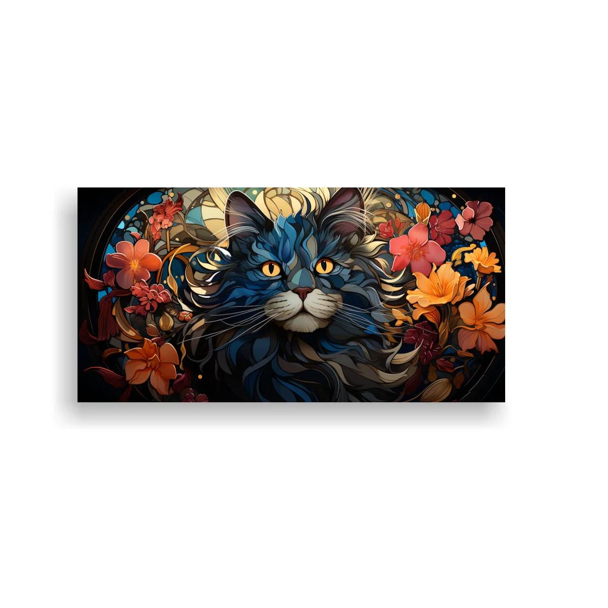 Cuadro gato de pelo largo con flores y marco ovalado