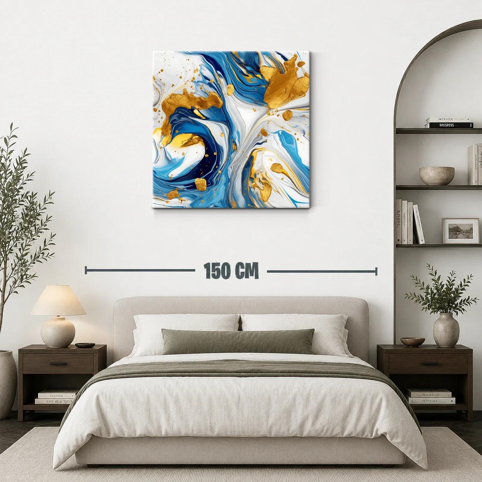 Cuadro abstracto con tonos azules y detalles dorados vibrantes — miniatura 3