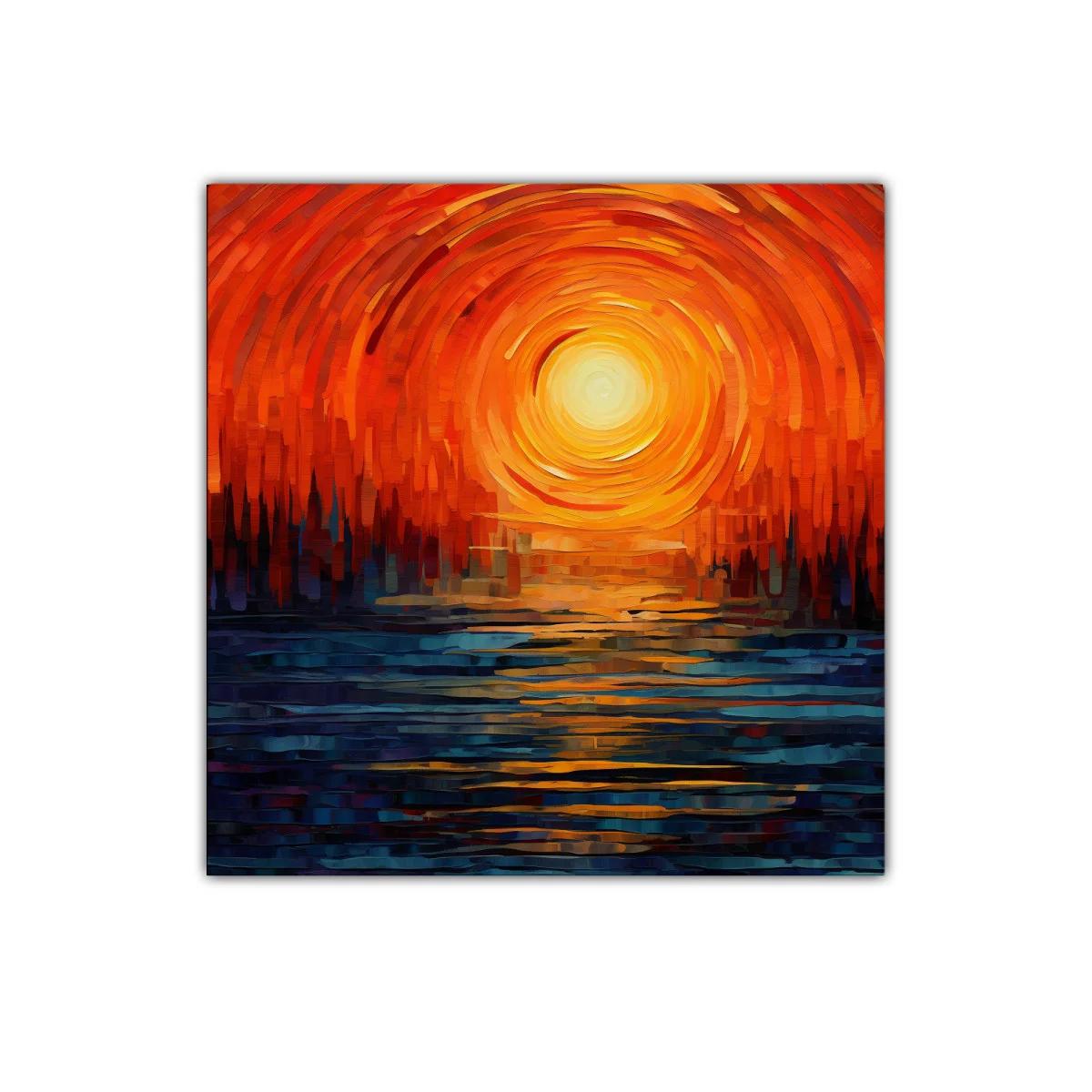 Cuadro abstracto con atardecer en tonos cálidos y contrastantes