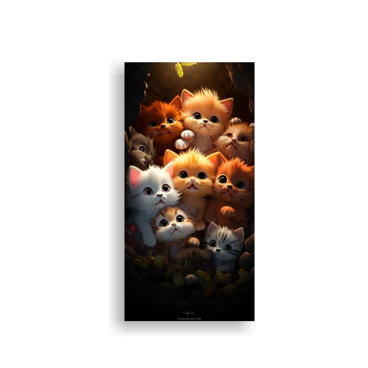 Cuadro grupo de gatitos con luciérnagas y hojas nocturnas