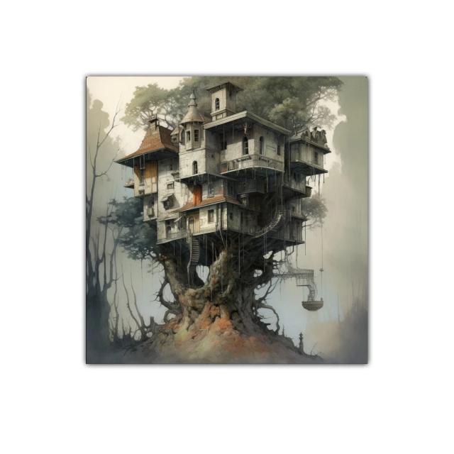 Casa de árbol fantástica en bosque nebuloso