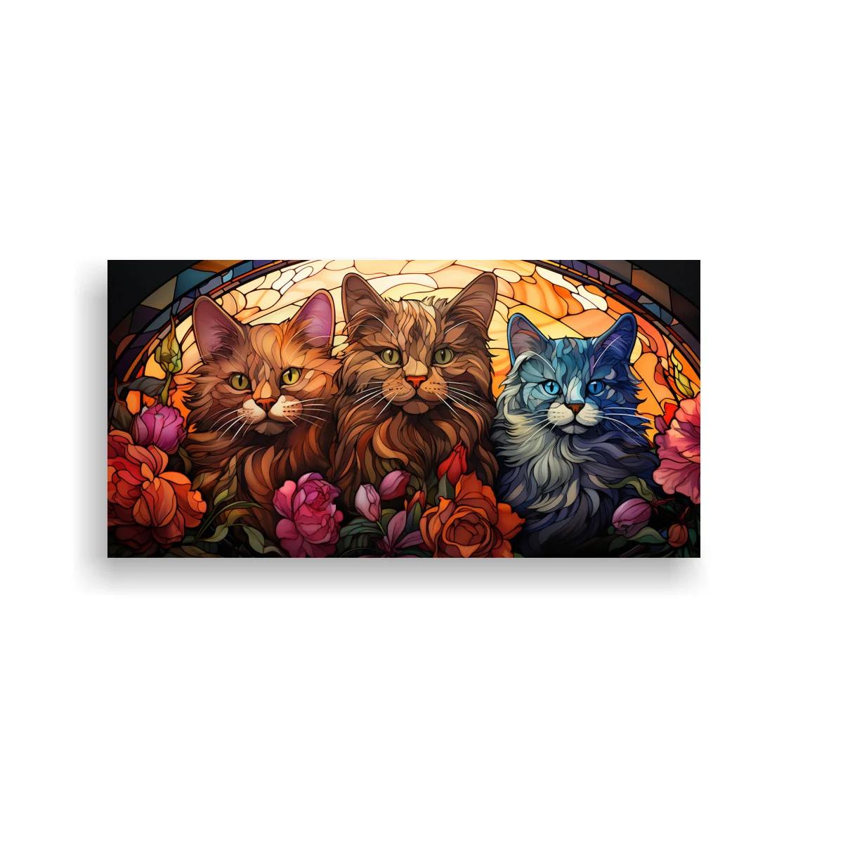 Cuadro tres gatos de pelo largo con vidriera floral