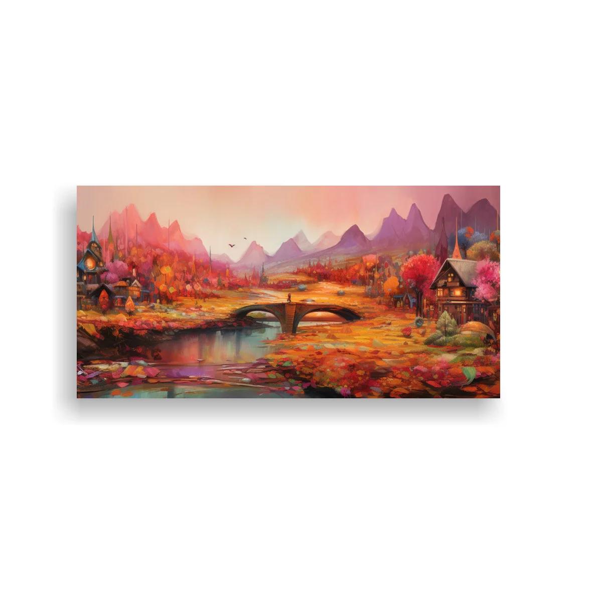Cuadro paisaje otoñal de fantasía con cabañas y río
