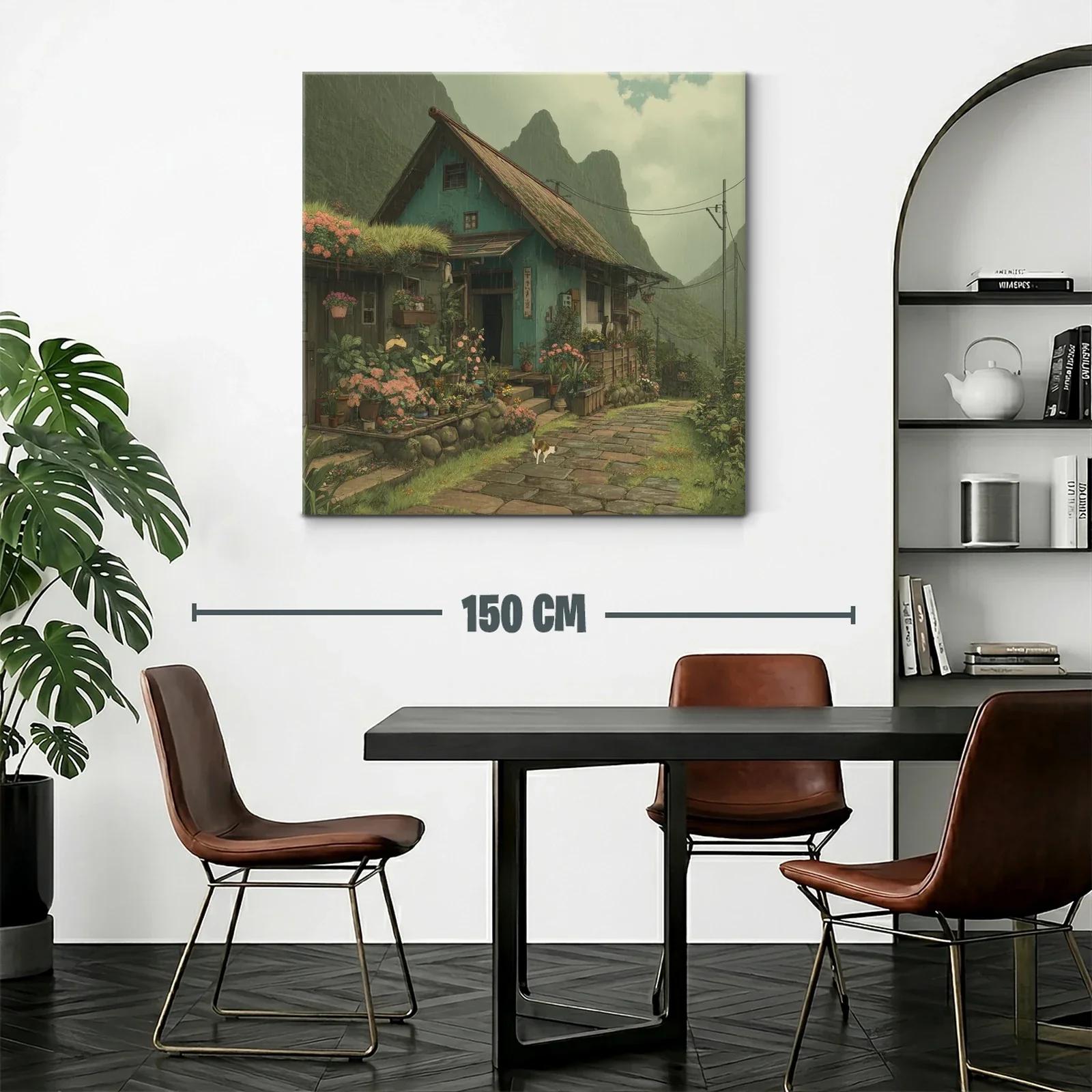 Paisaje rural con casa y jardín florido bajo lluvia suave — miniatura 2