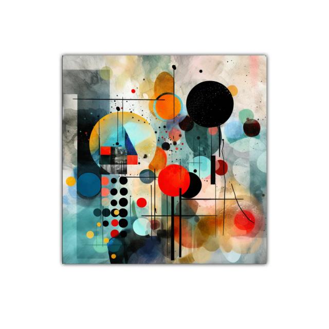 Composición abstracta con círculos coloridos y líneas finas