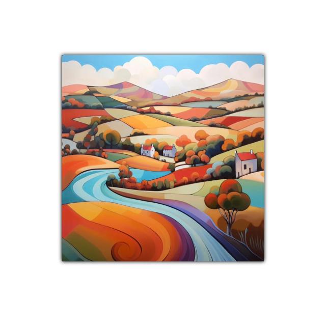 Paisaje colorido con río serpenteante y casas rurales