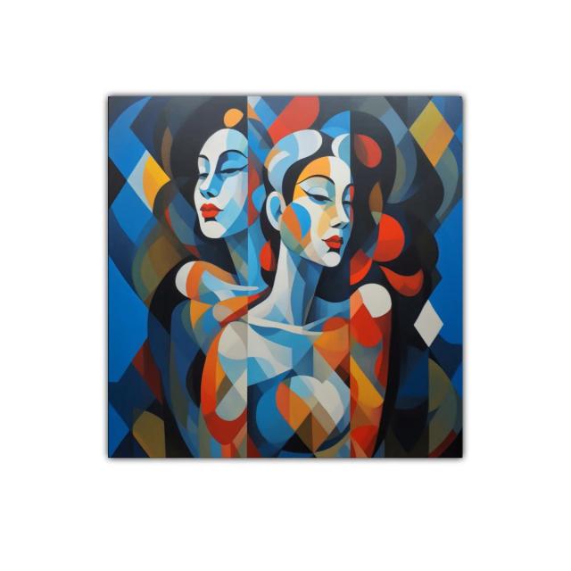 Dúo femenino en colores vibrantes y formas geométricas