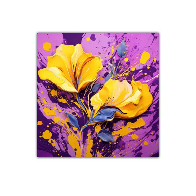 Cuadro vibrante con flores amarillas sobre fondo morado