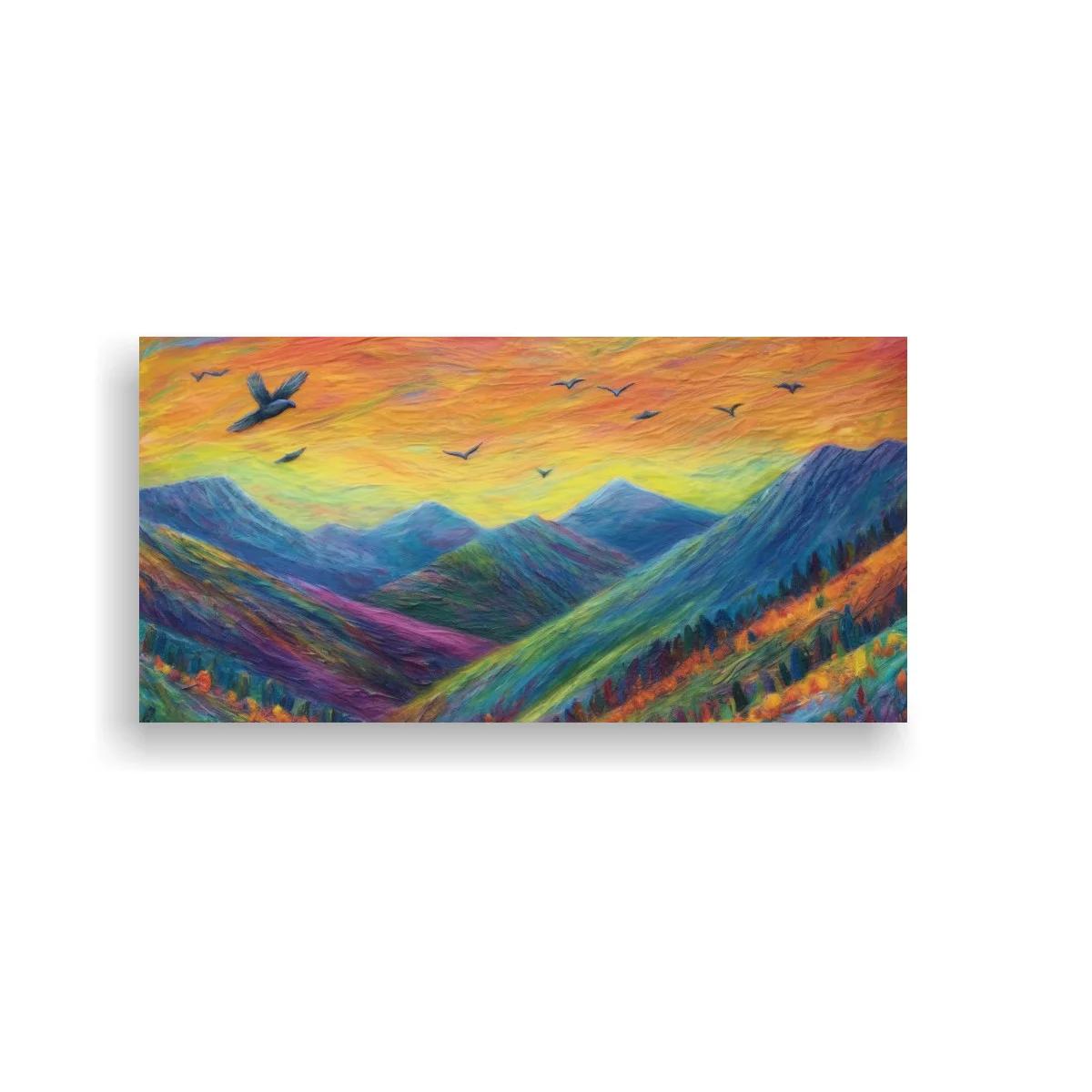 Cuadro paisaje de montañas al atardecer con aves volando