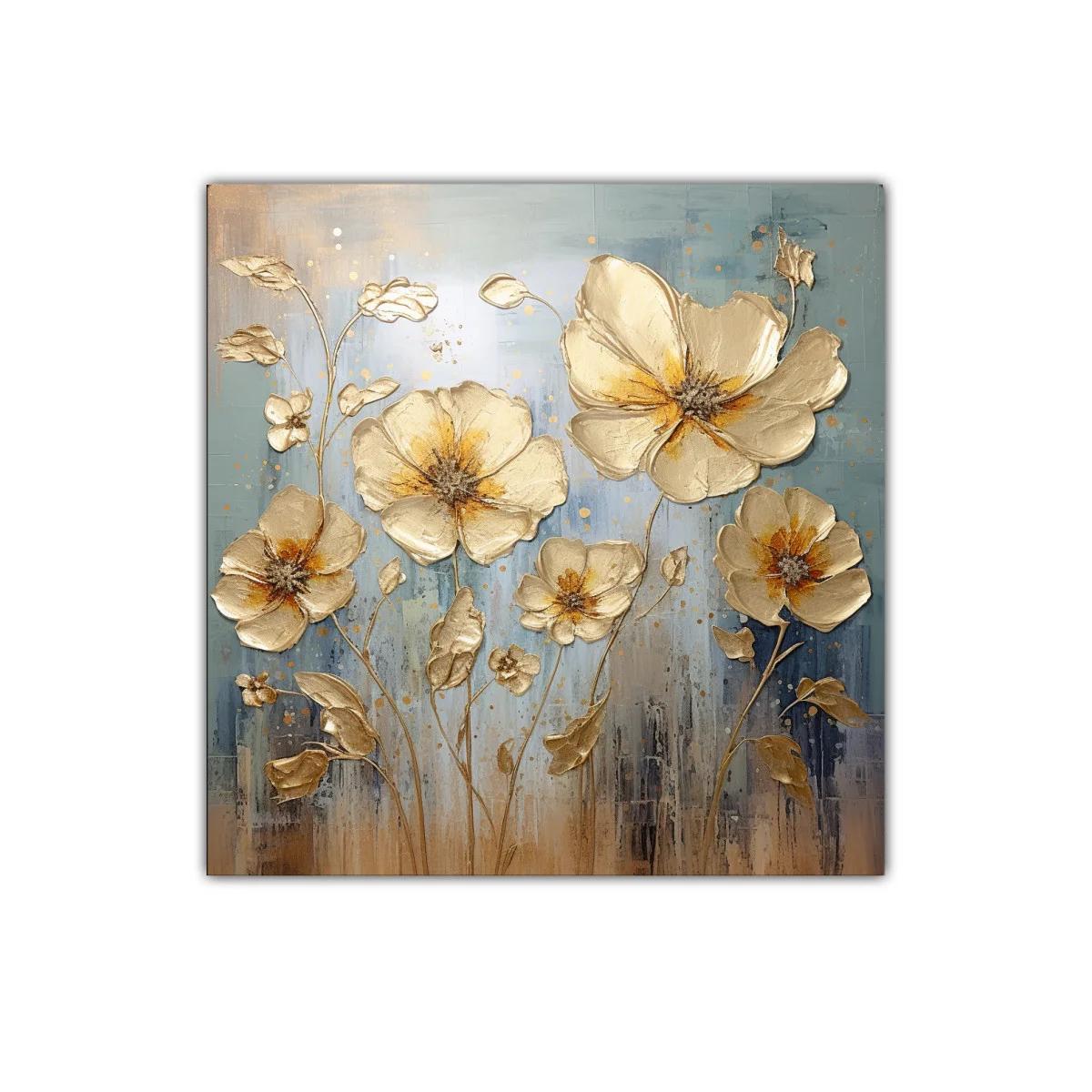 Cuadro decorativo floral en tonos dorados y azules suaves