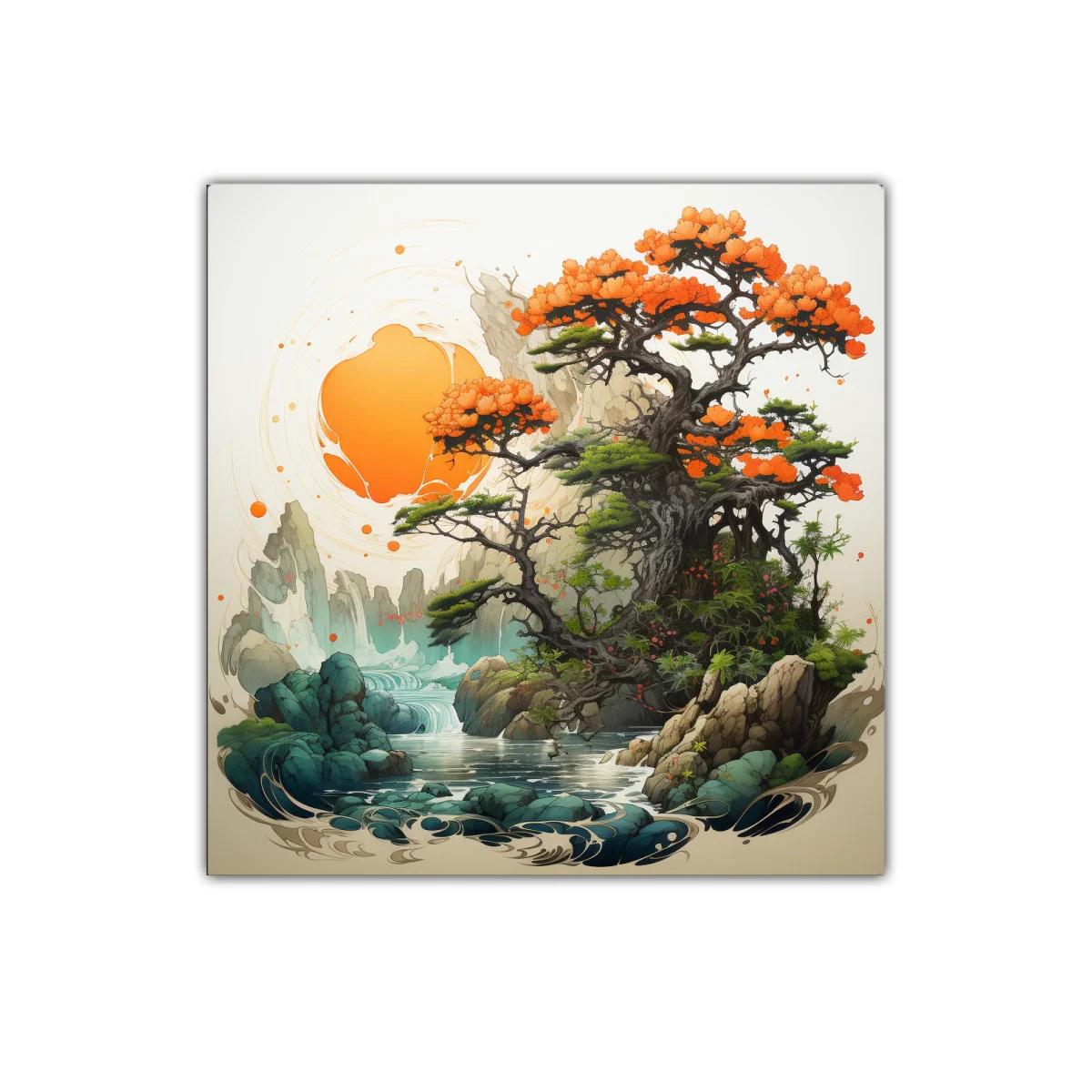 Paisaje sereno con árbol en flor y cascada mística
