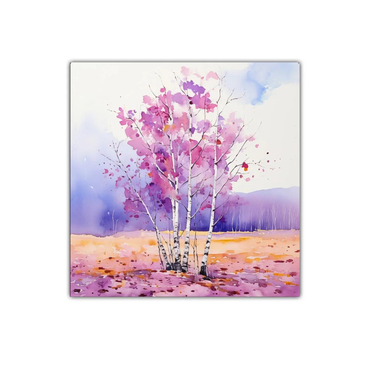 Arboleda en tonos lilas y rosas con paisaje sereno