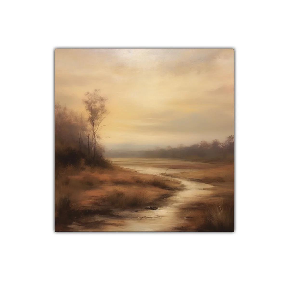 Paisaje sereno con río y tonos cálidos al atardecer