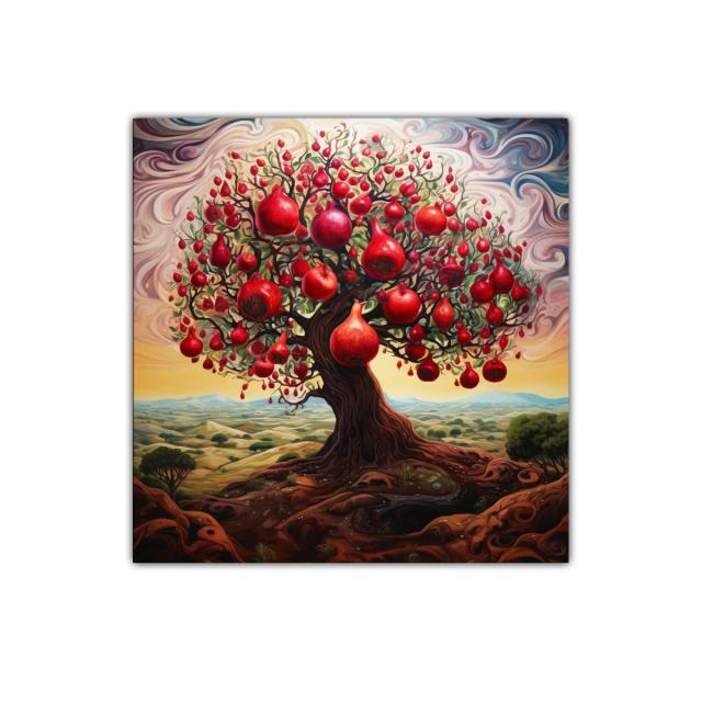 Árbol de granadas con raíces entrelazadas y cielo vibrante