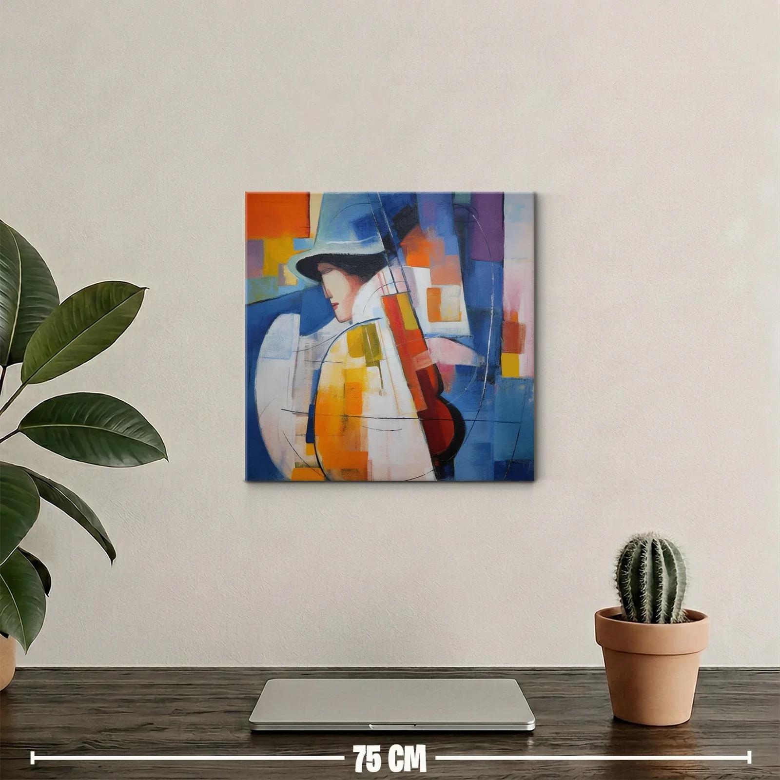 Cuadro abstracto con músico y paleta vibrante azul y naranja — miniatura 2