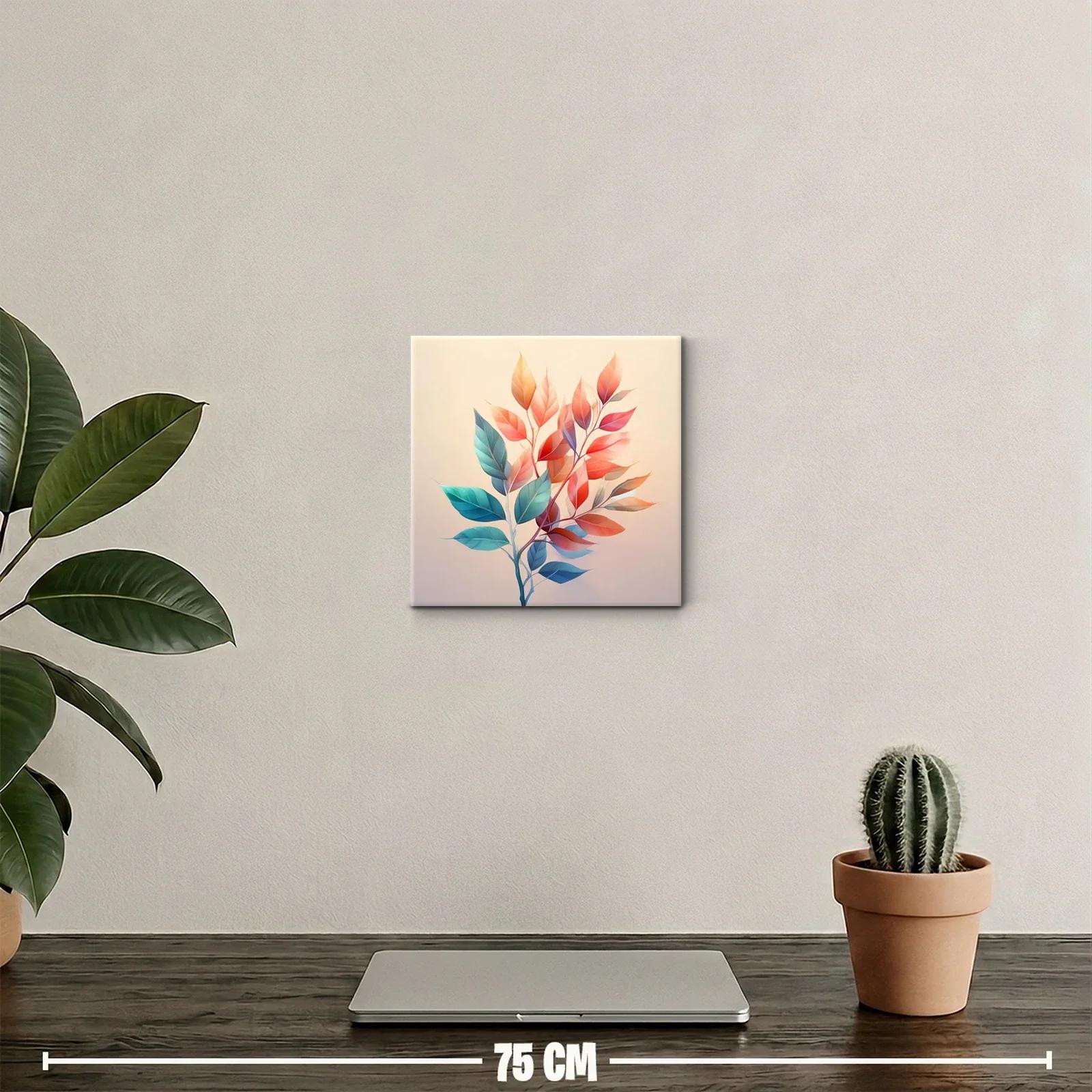 Cuadro decorativo ramas con hojas en tonos cálidos y fríos — miniatura 2