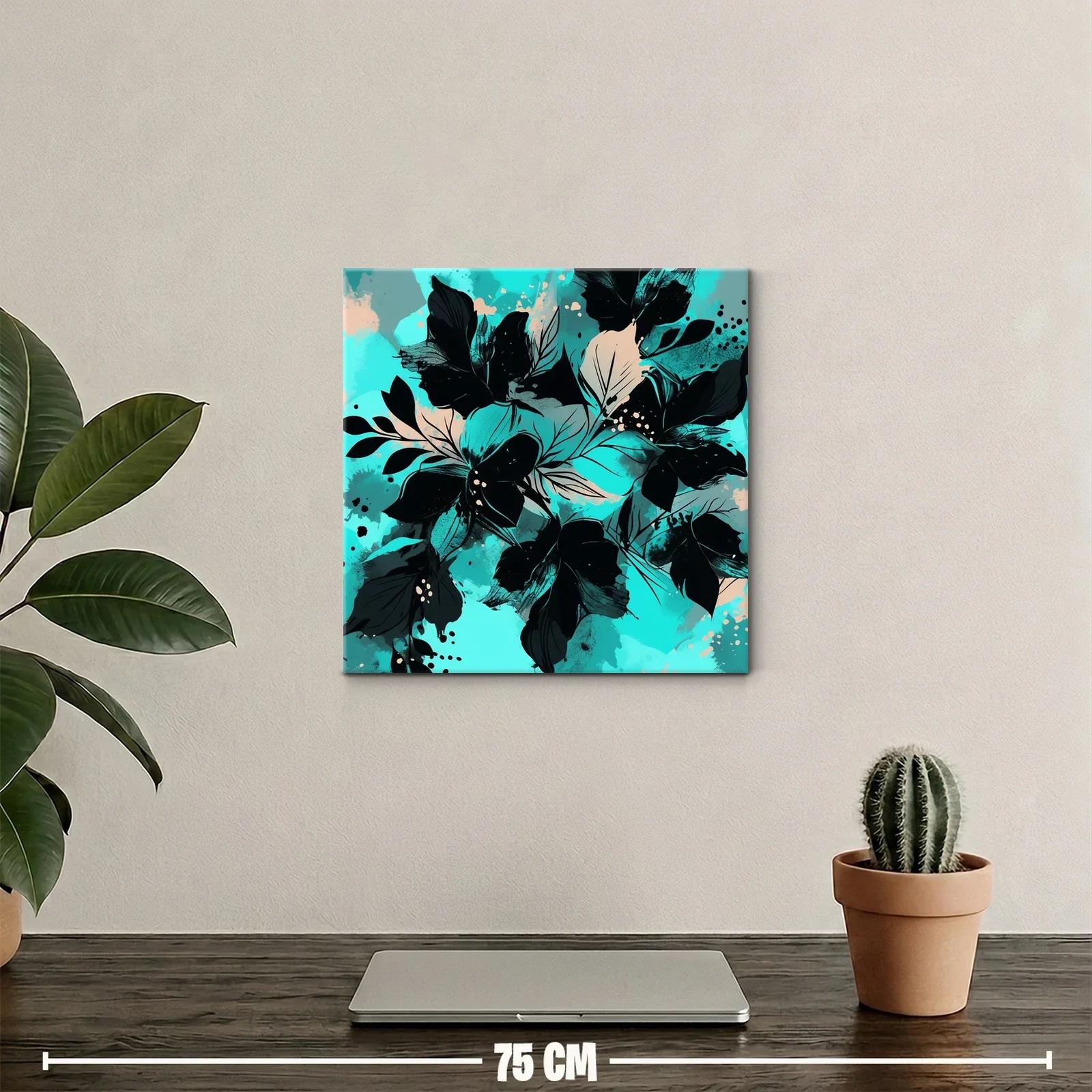 Cuadro moderno con motivos florales en tonos turquesa y negro — miniatura 2
