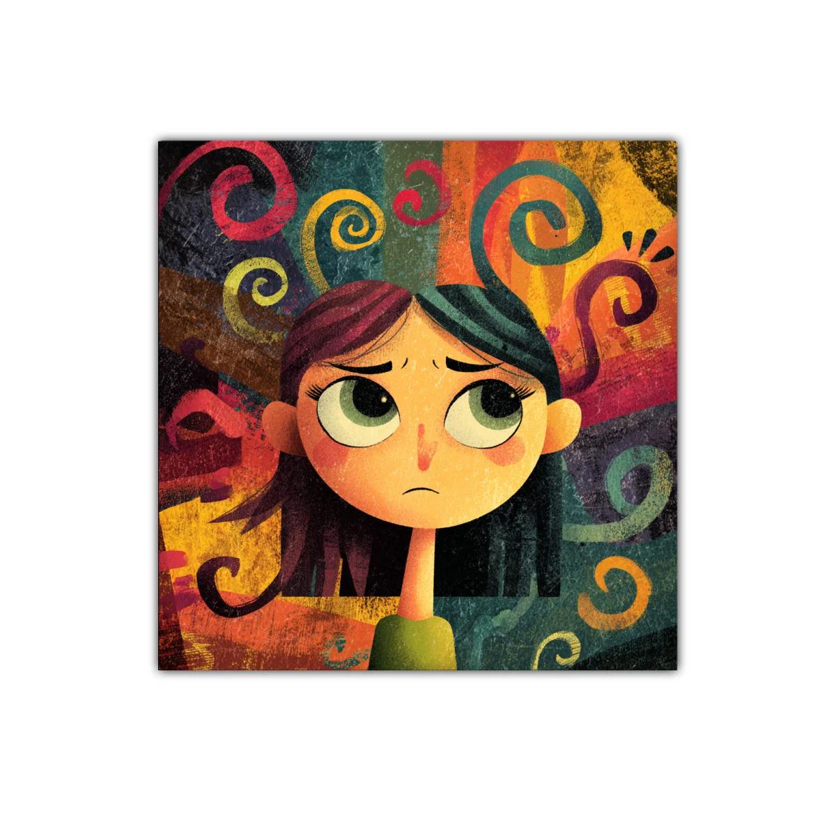Cuadro expresivo con rostro infantil y remolinos coloridos
