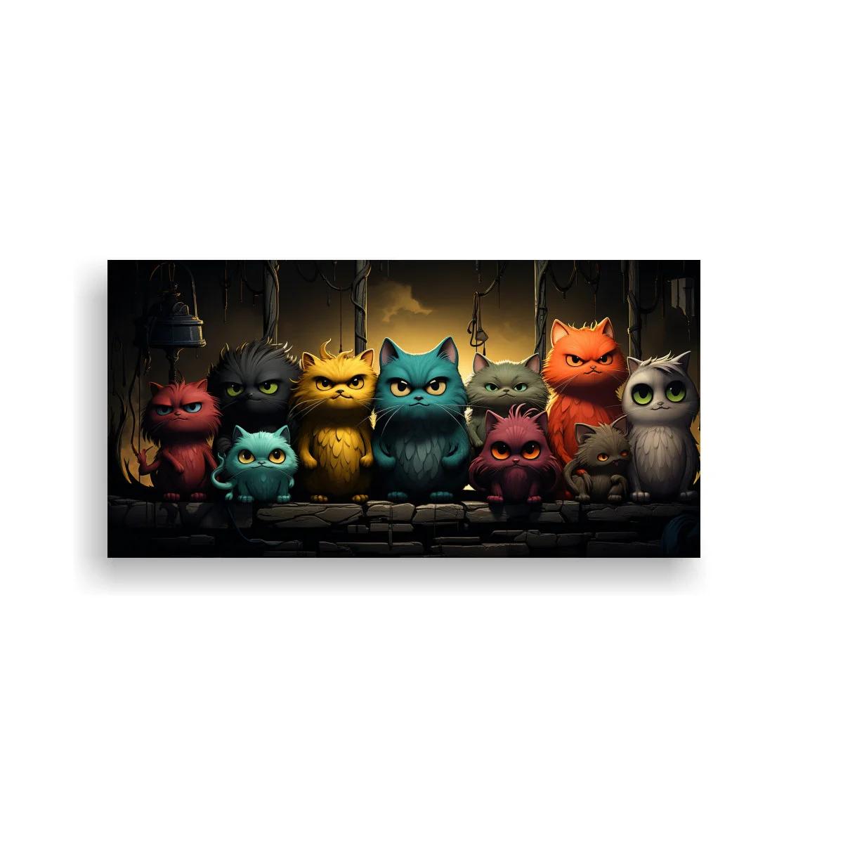 Cuadro familia de búhos de colores sobre suelo de piedra