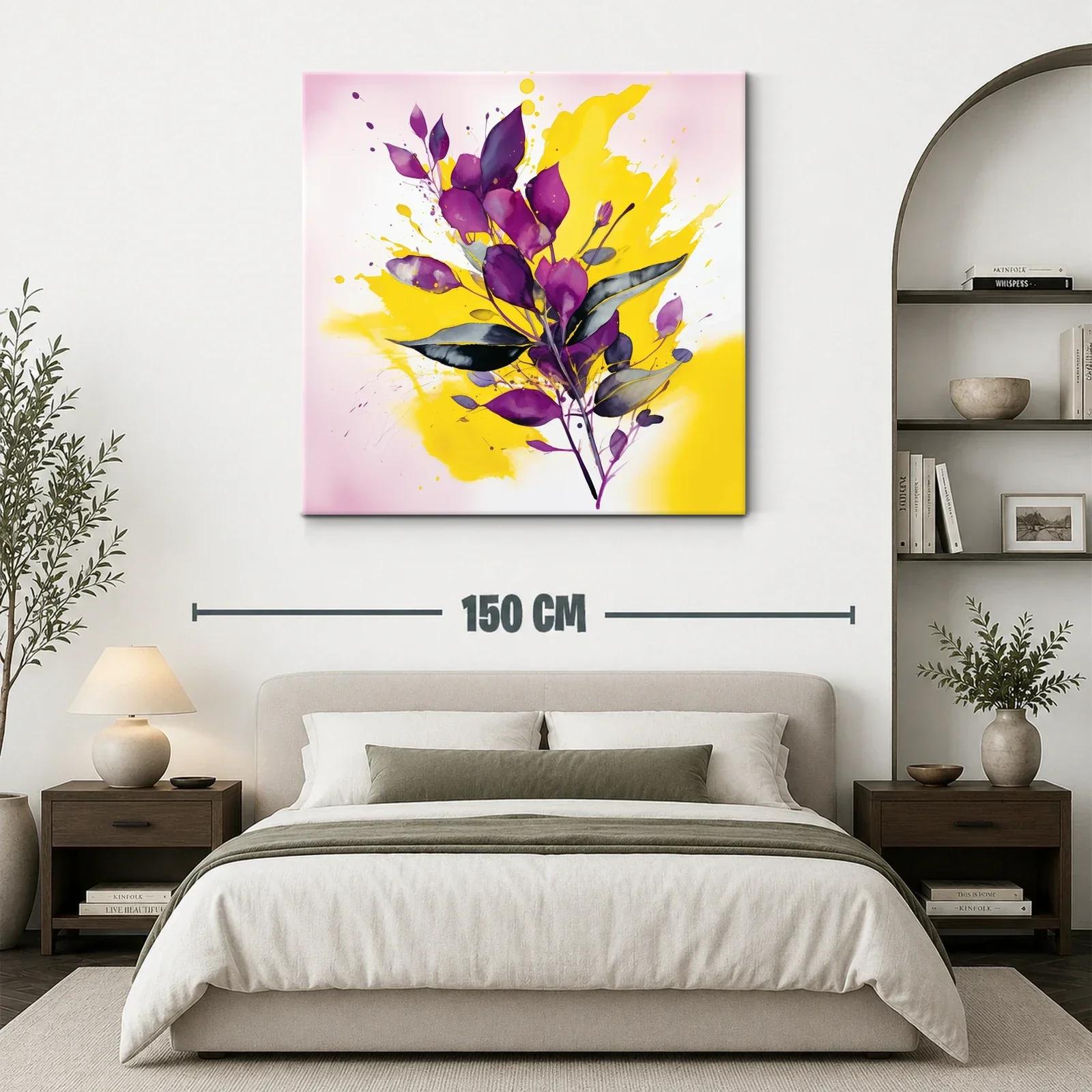 Cuadro moderno con hojas moradas y fondo amarillo vibrante — miniatura 3