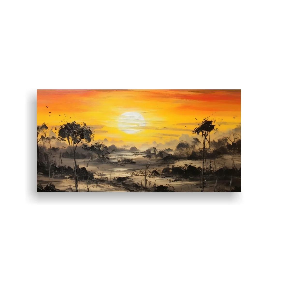 Cuadro paisaje de sabana al atardecer con sol redondo