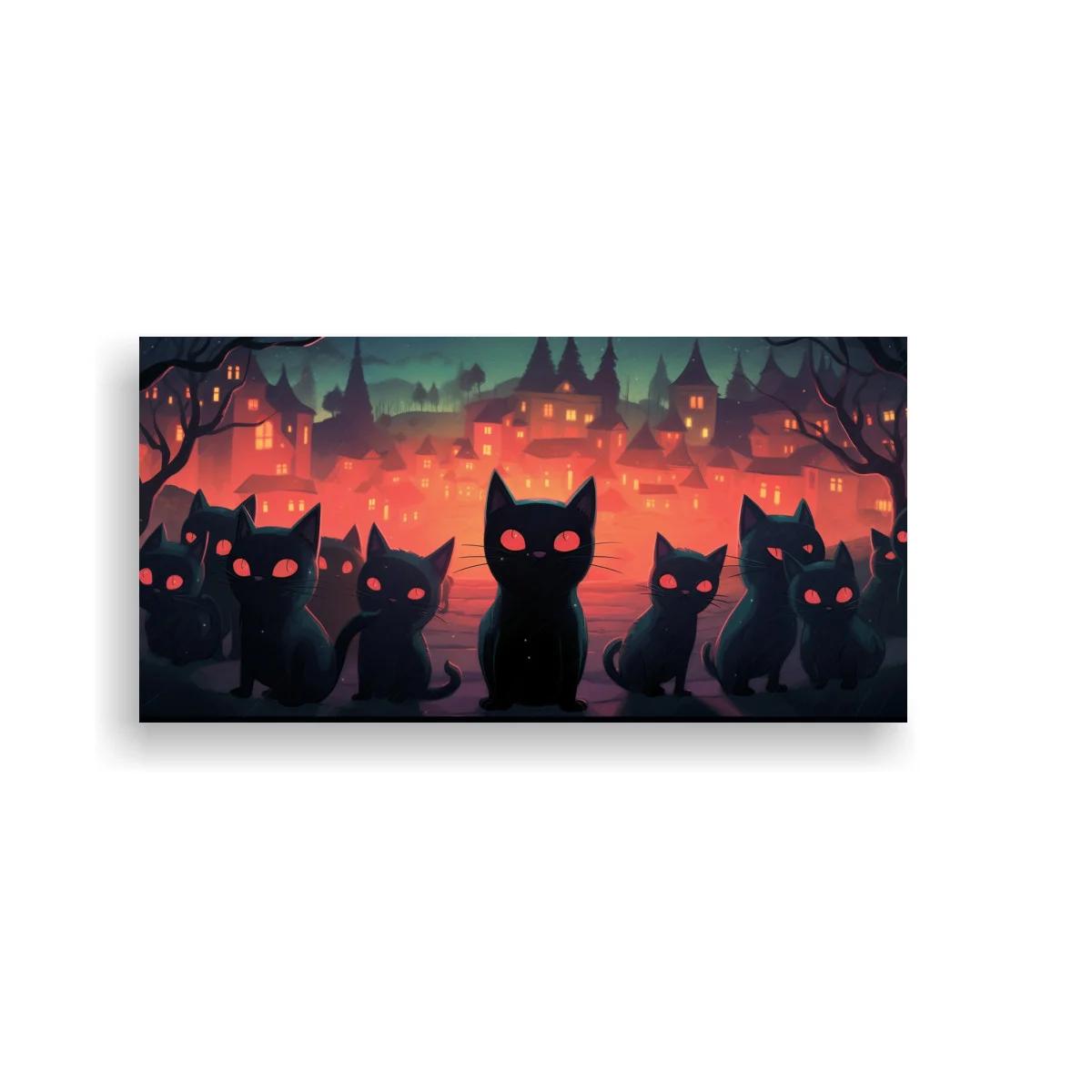 Cuadro gatos negros con ojos brillantes y pueblo nocturno