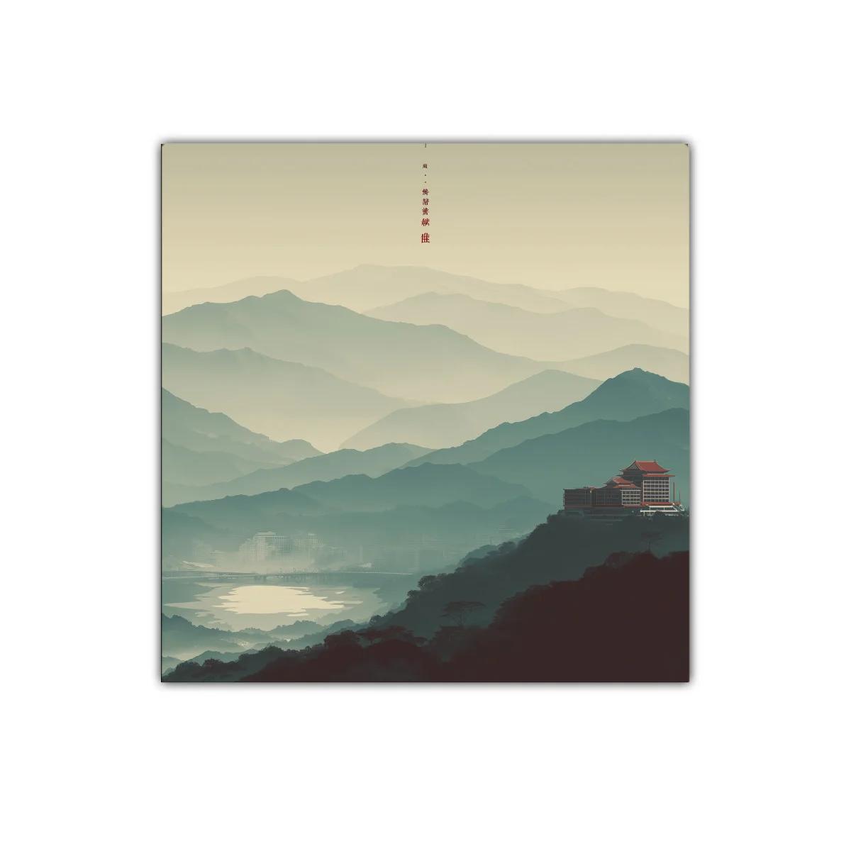 Paisaje con montañas y templo tradicional en calma matutina