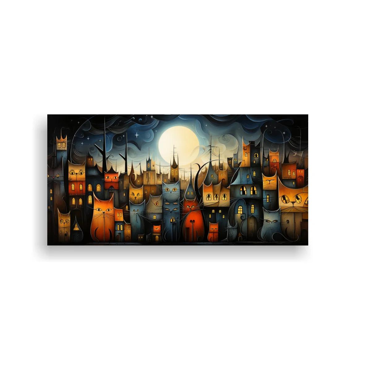 Cuadro pueblo nocturno fantástico con luna grande y gatos brillantes