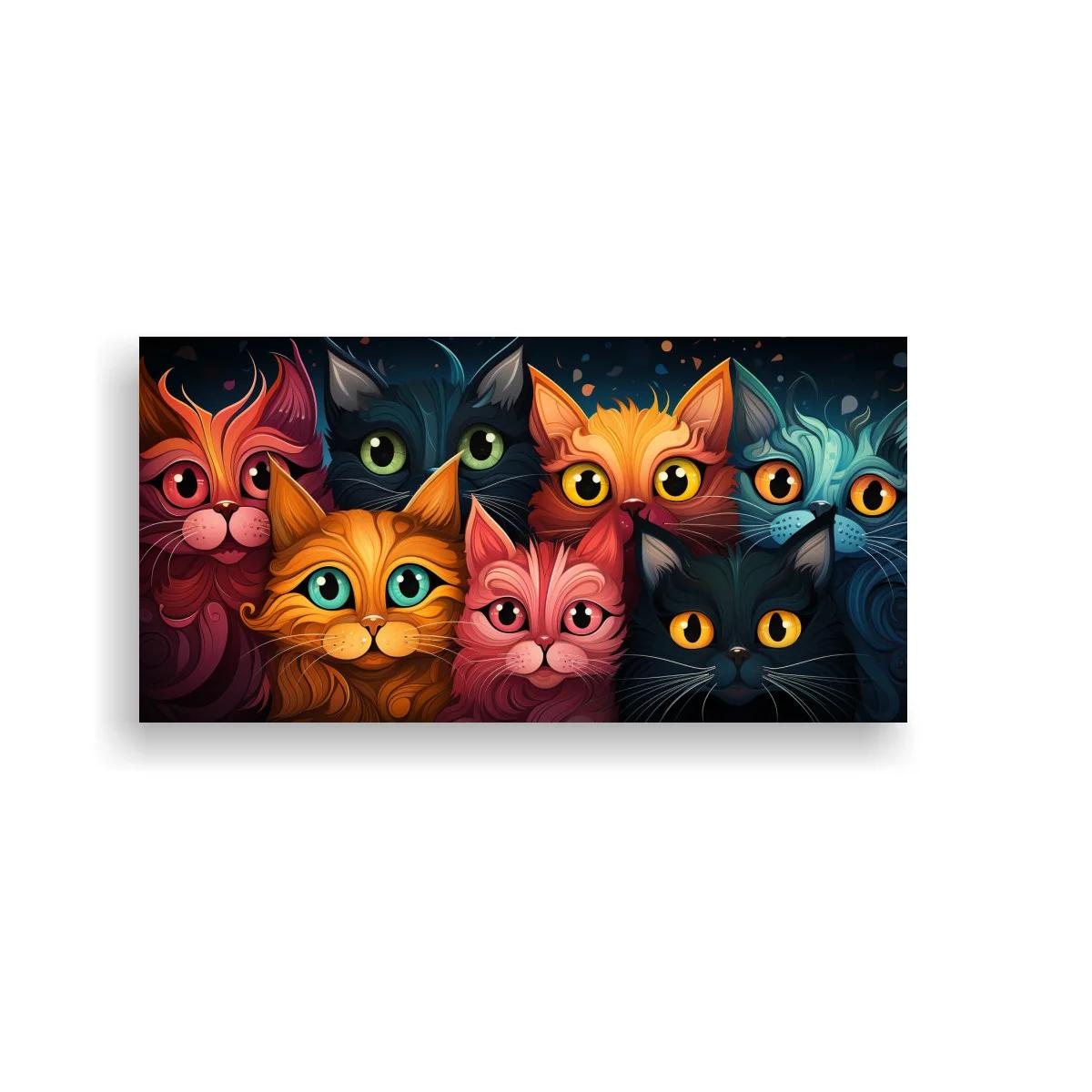 Cuadro grupo de gatos de colores con ojos brillantes