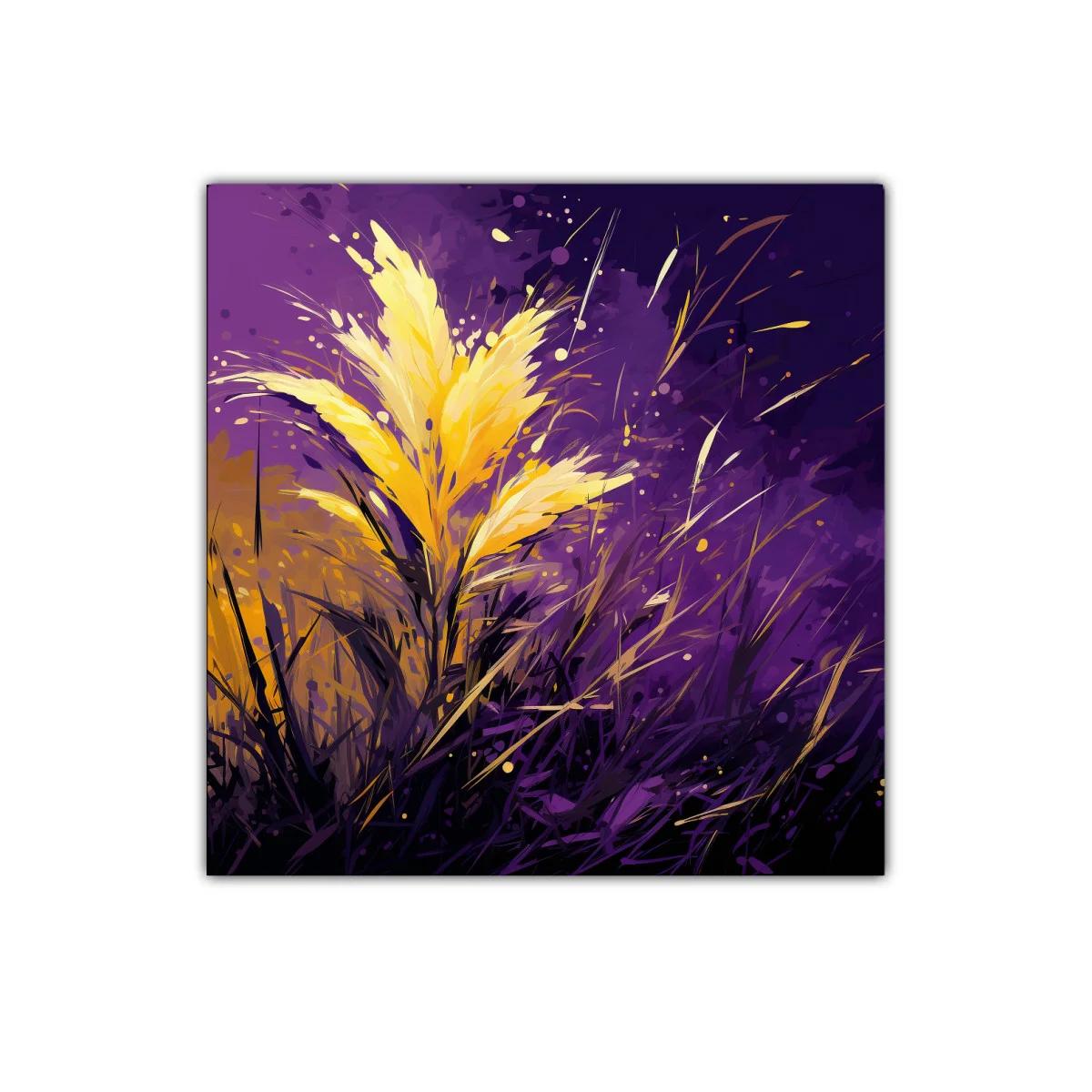 Cuadro decorativo con flores doradas en fondo púrpura intenso — imagen principal