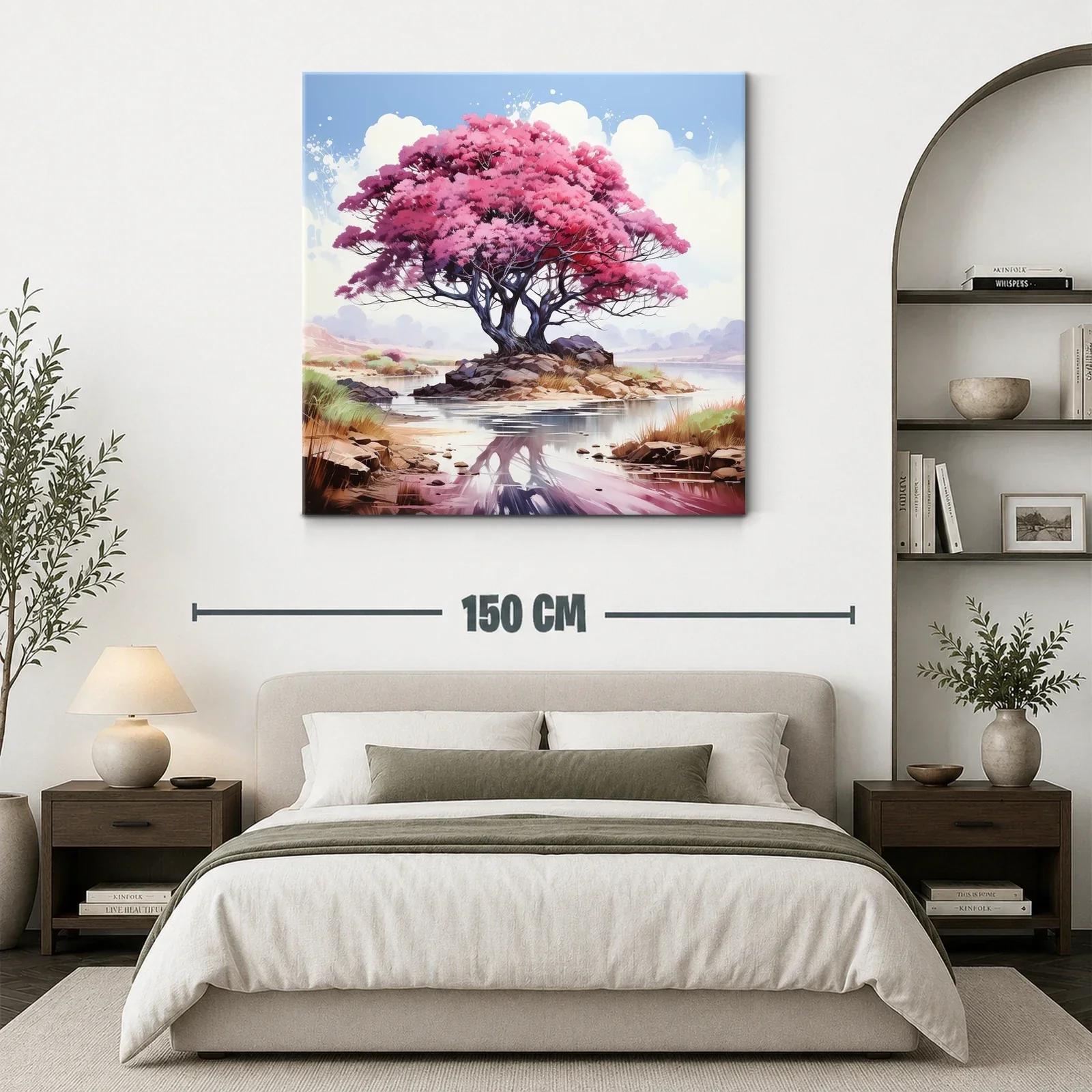 Árbol rosa reflejado en un lago sereno y tranquilo — miniatura 3
