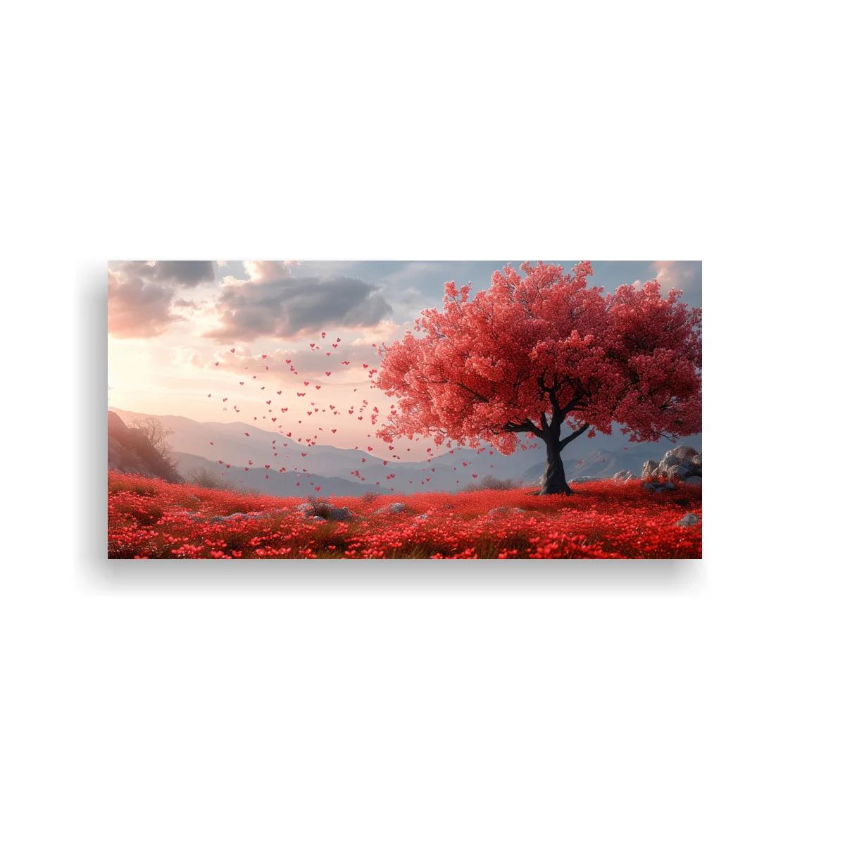 Cuadro árbol de flores rosadas con pradera floral