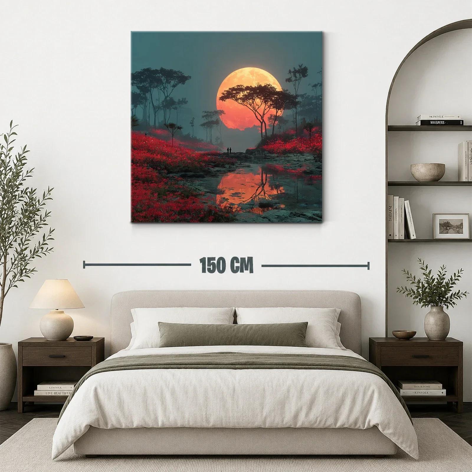 Paisaje nocturno con luna llena y campo rojo vibrante — miniatura 3