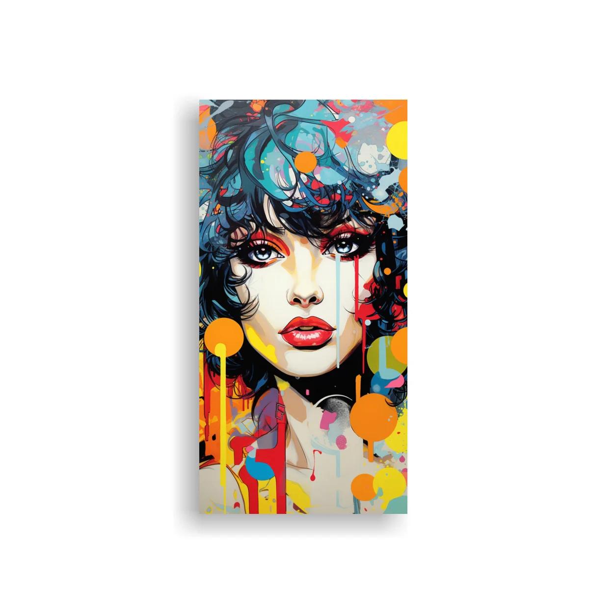 Cuadro rostro de mujer con pelo oscuro y goteos de color
