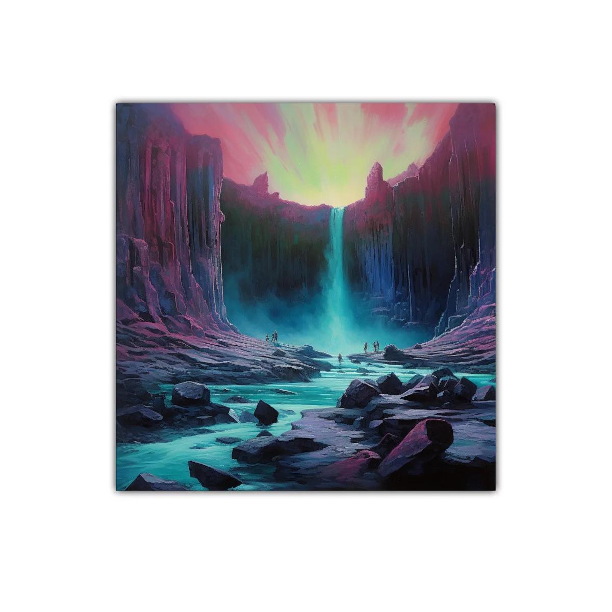 Paisaje surrealista con cascada bajo cielo vibrante — imagen principal