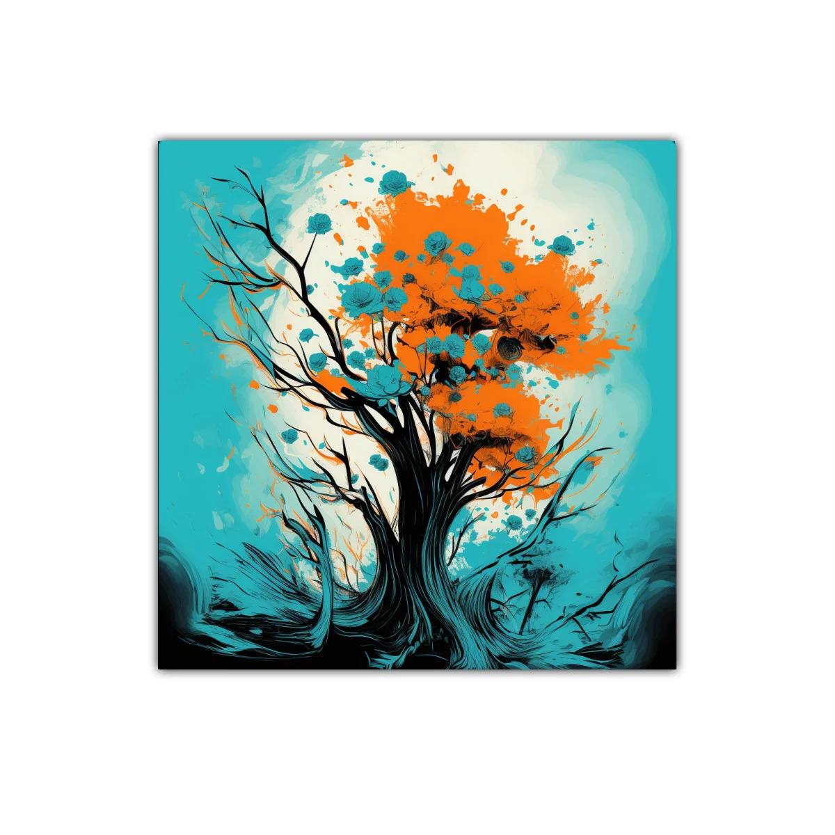 Árbol vibrante con flores azules y tonos naranjas — imagen principal